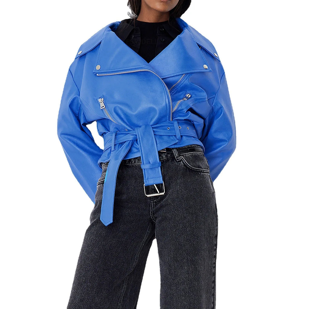 Punk style locomotive jacket with Peter Pan collar and drawstring waist in black