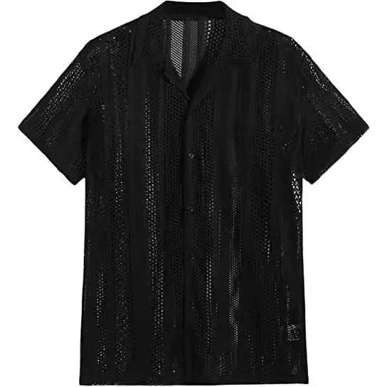 Men's white knitted short-sleeve button shirt with jacquard cardigan street fashion styling