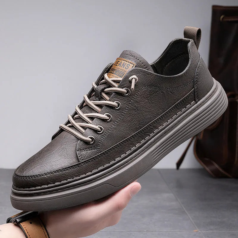 Men's brown waterproof casual sneakers with flat heel and faux leather lining