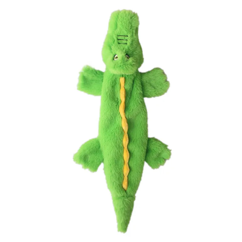 Green crocodile plush dog toy with no stuffing, for aggressive chewers with squeaker and crinkle sounds.