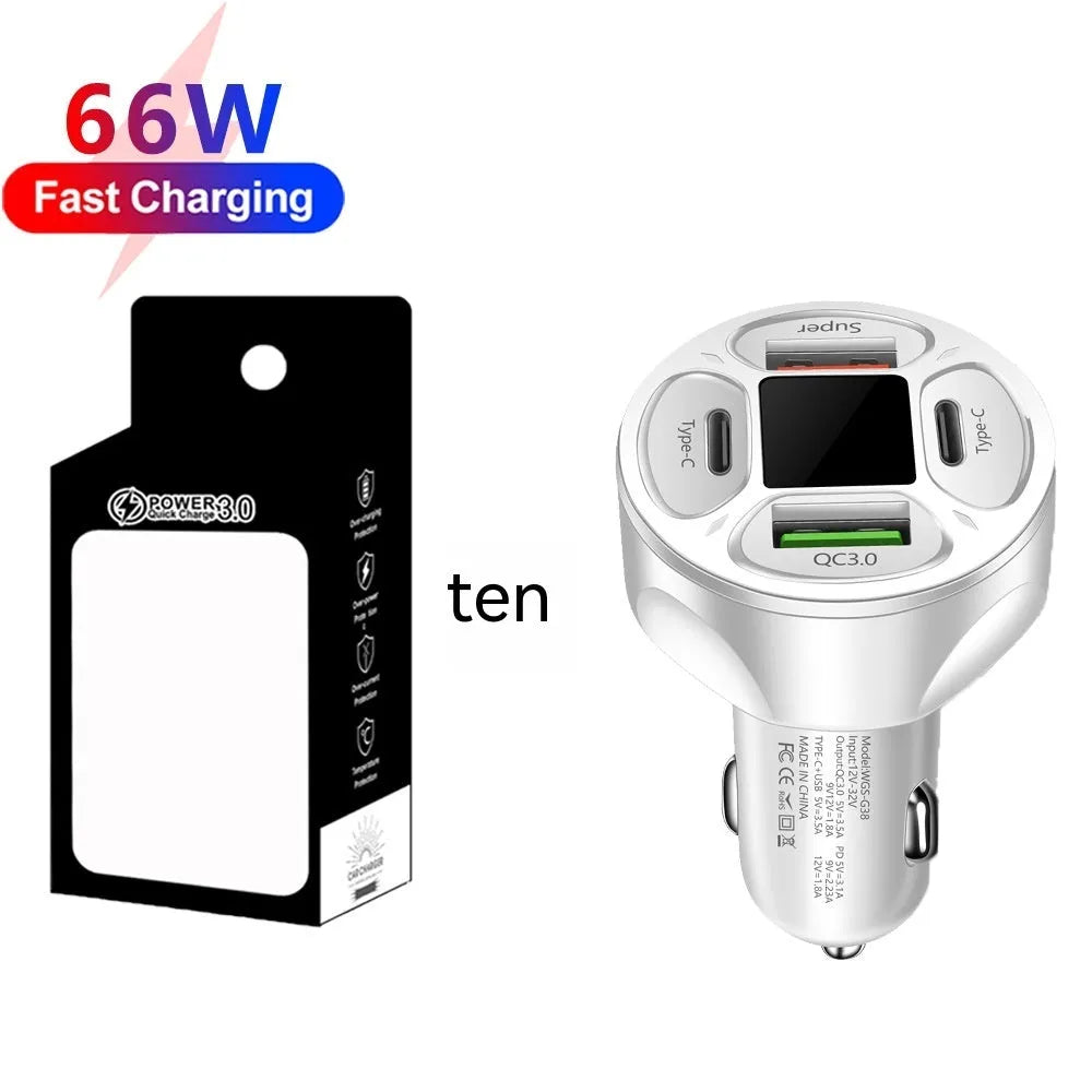 Black 66W car charger with digital display, two USB ports and two Type-C ports