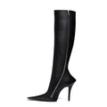 Black women's stiletto heel pointed toe knee-high boots with side zipper