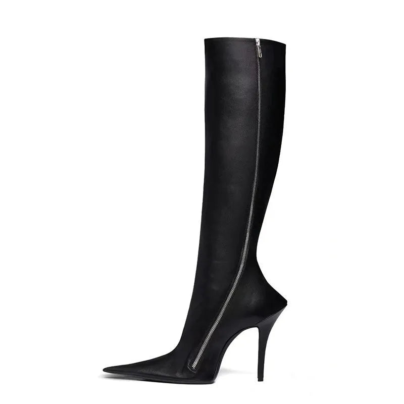 Black women's stiletto heel pointed toe knee-high boots with side zipper