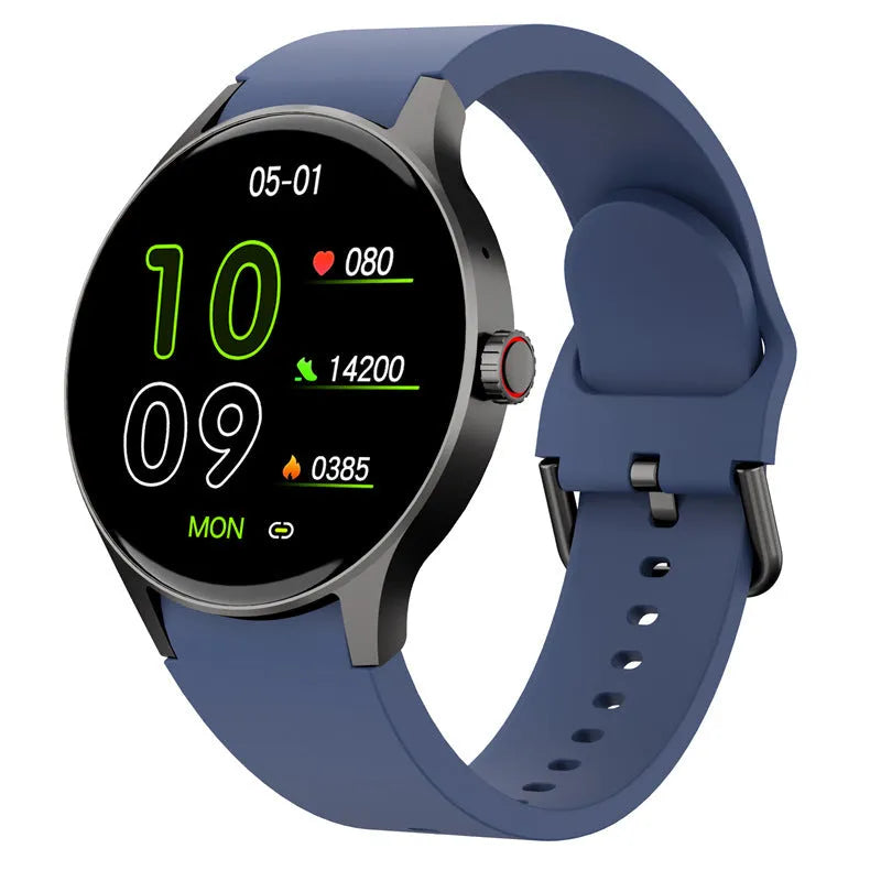 Black Bluetooth sport watch with a round touch screen on a wrist.
