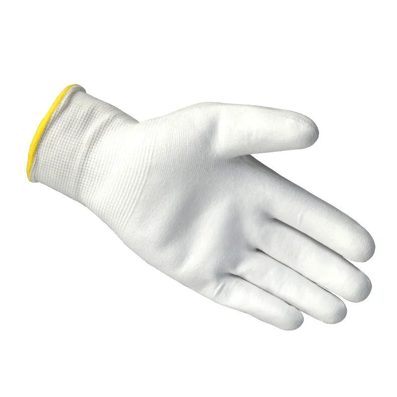 White PU coated labour gloves with 24 cm length shown in large and medium sizes