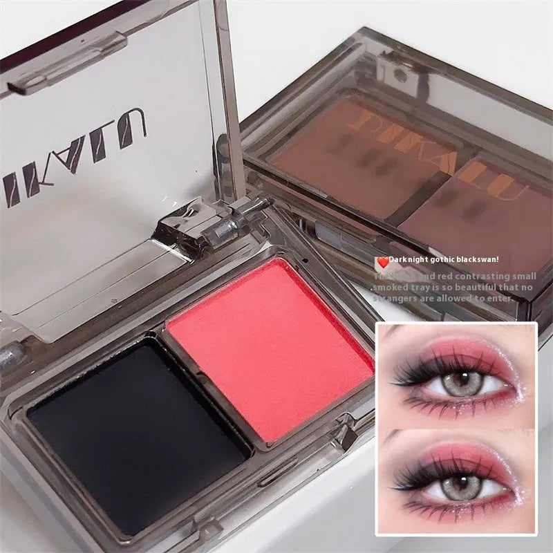 Cool two-tone eyeshadow palette showing pink and black matte shimmer eyeshadows in sweet and spicy punk style
