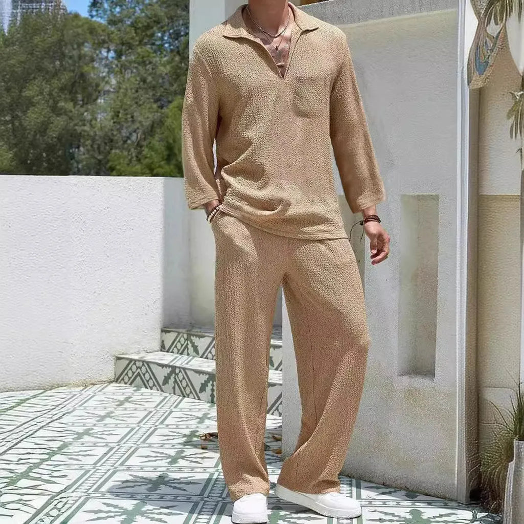 Men's casual shirt trousers set in lake blue colour with shirt jacket and matching trousers