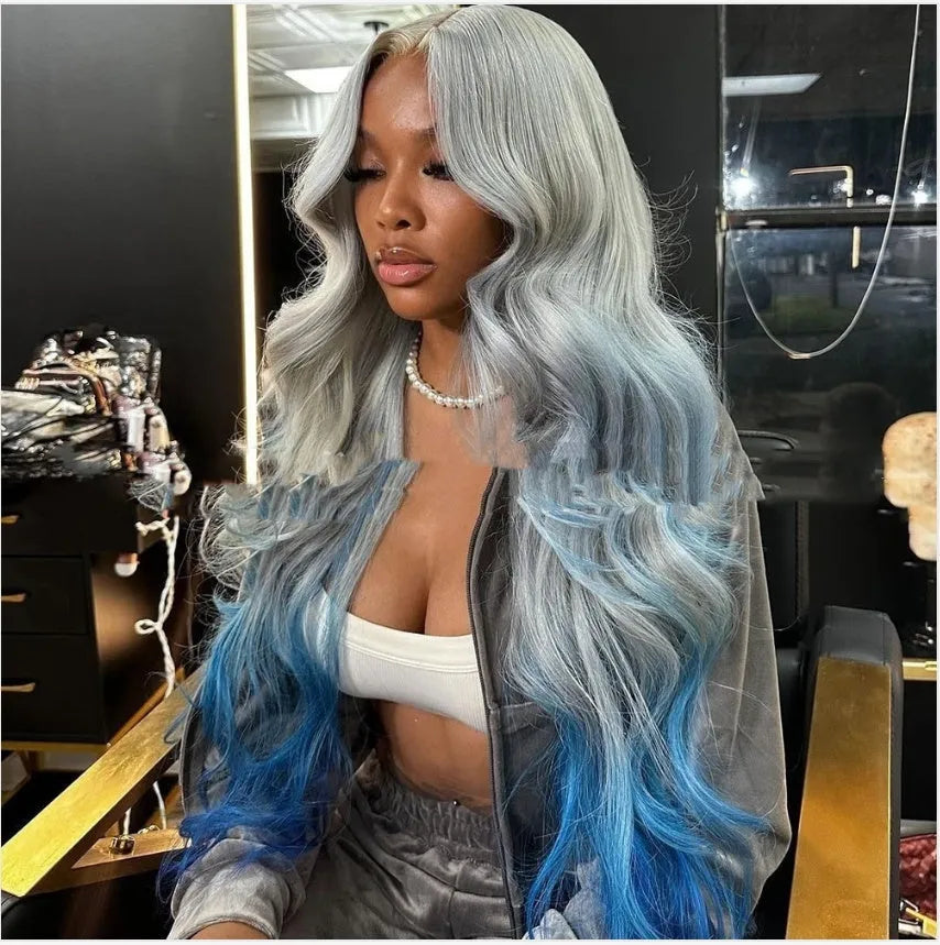 Grey blue gradient colour lace front human hair wig with 4x4 specifications and natural-looking hairline