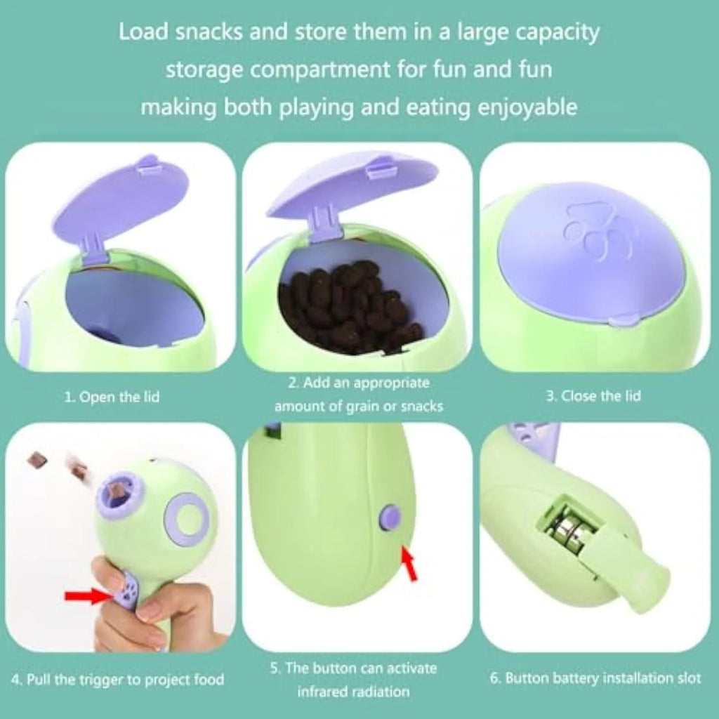 Green dog treat launcher toy measuring 15.5 × 9 × 8.5 cm for interactive play and remote feeding