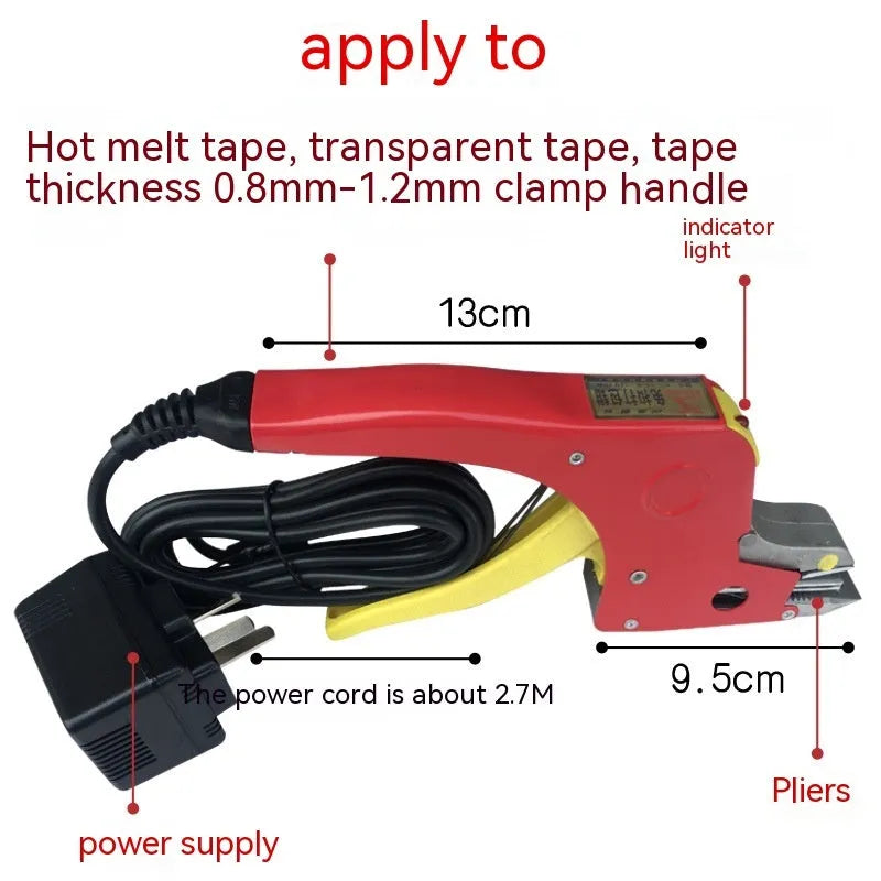 Electric hot melt packing machine with plastic steel tensioner and roll of yellow packaging tape