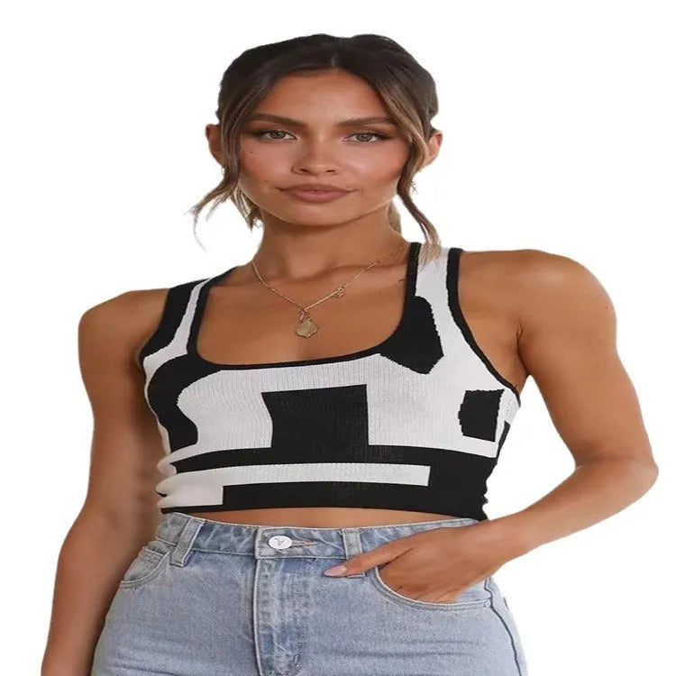 Women's U-neck camisole top with contrast colour trim in core-spun polyester fabric