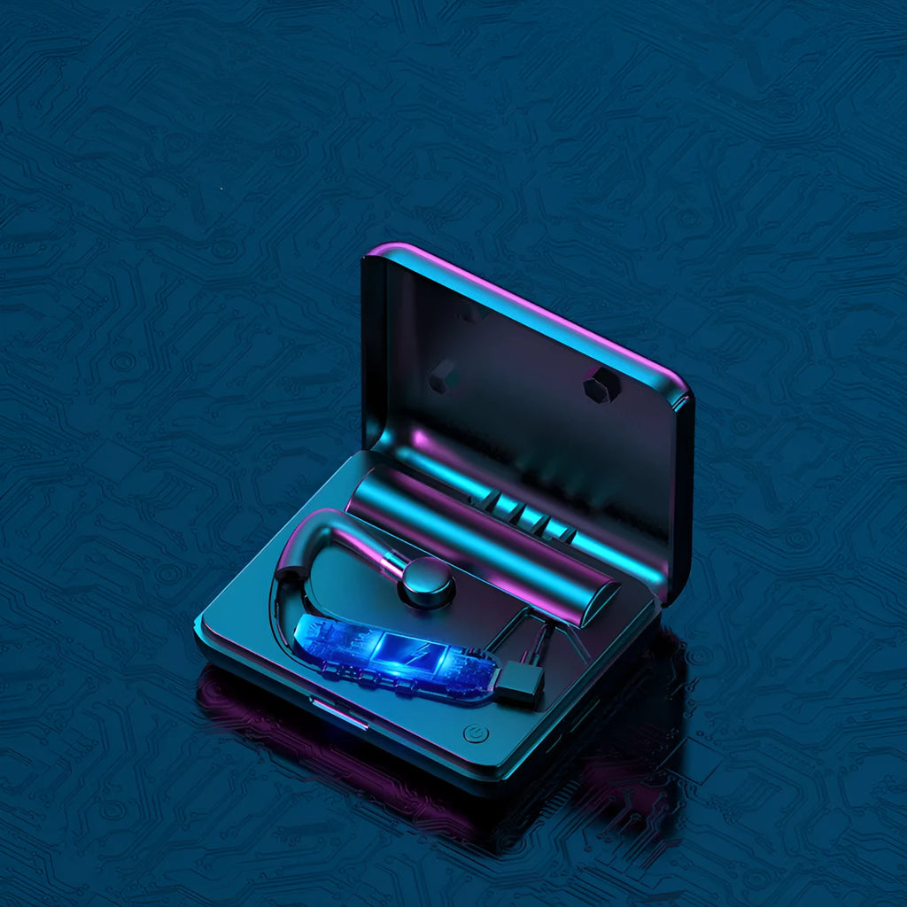 Black Bluetooth earphones with hanging ear design shown with three pairs of ear caps and charging cable