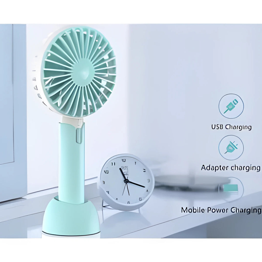 Blue mini handheld desktop fan with USB port and three-speed control on white background
