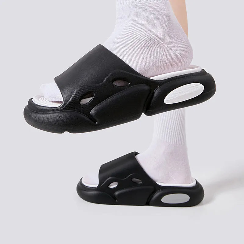 Two-colour EVA slippers for couples with thick soles and leather lining in pink purple, white green, and black white options