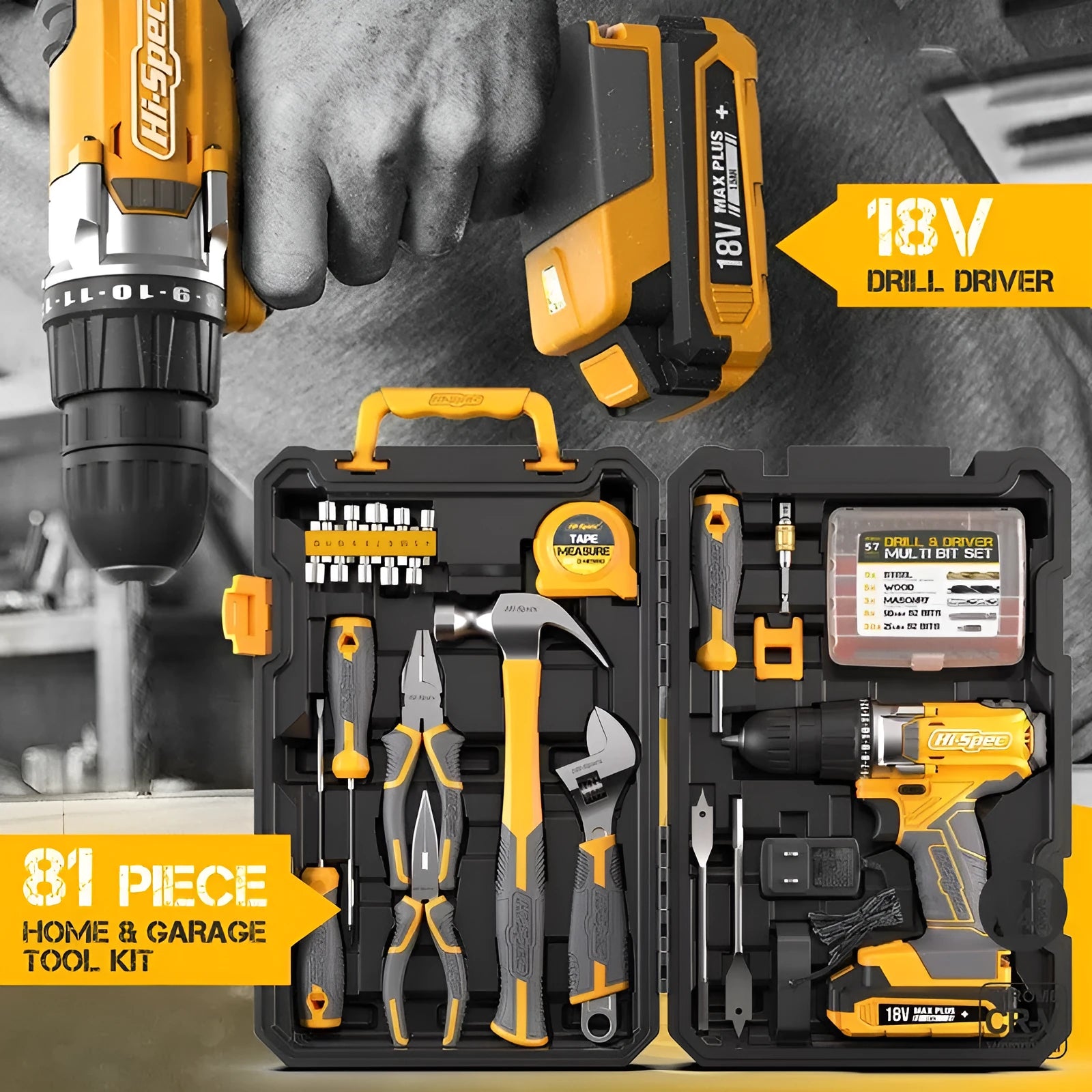 Grey yellow US style 82-piece chrome-vanadium steel tool set for furniture installation.