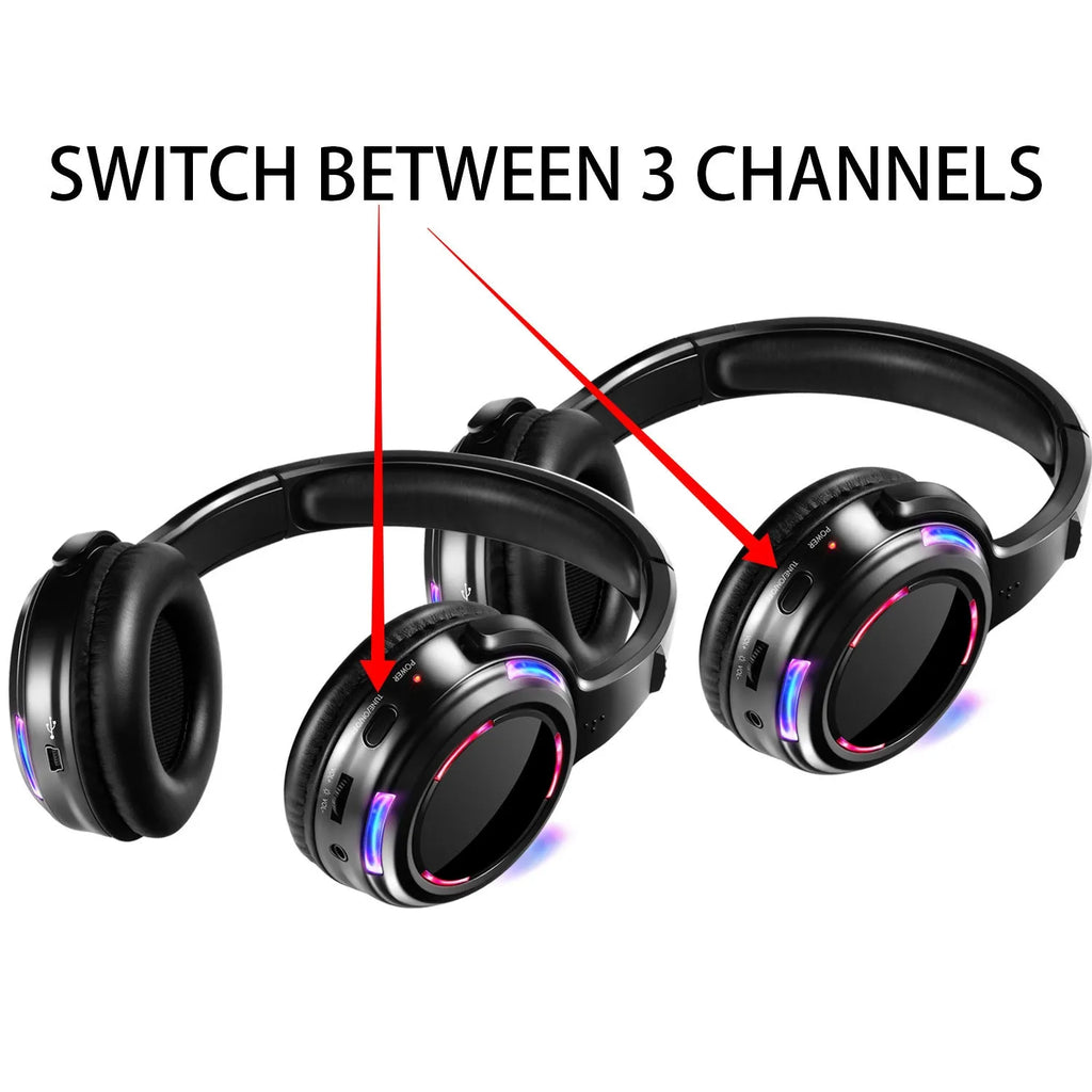 Black silent disco wireless headphones with headband and 3.5mm plug