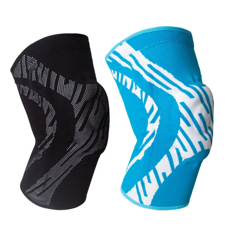 Men's black nylon basketball knee pads showing kneecap coverage and close fit