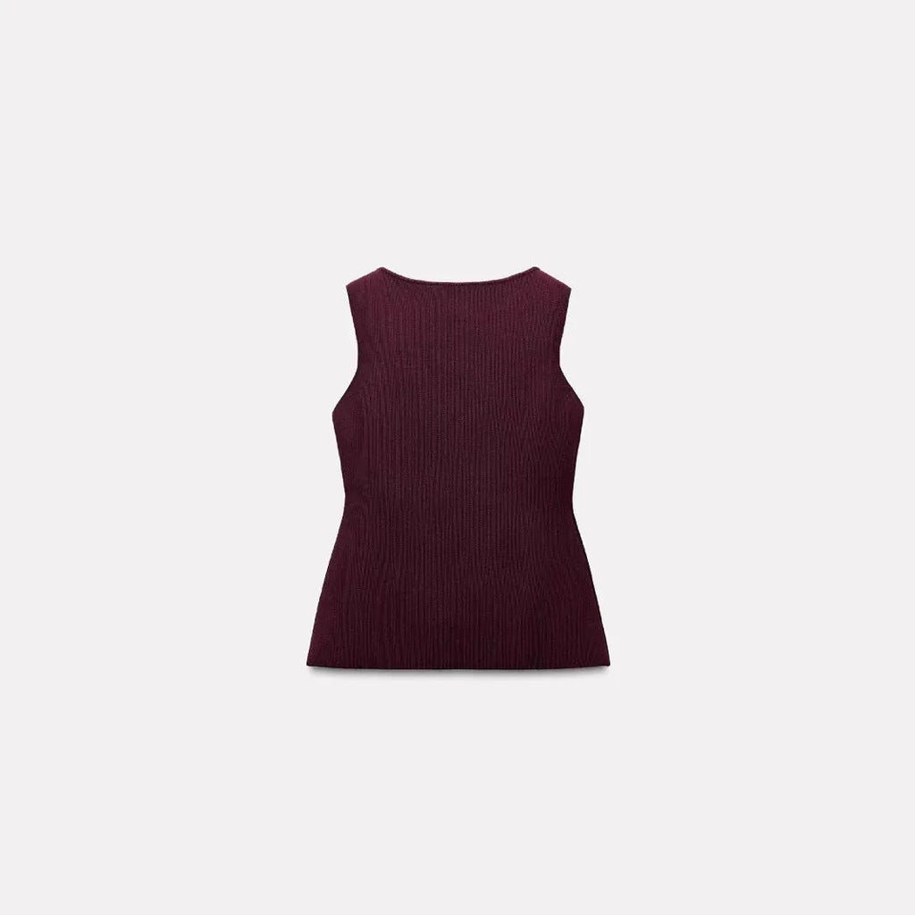 Dark red slim fit sweater vest with gold buttons and 3D textured pattern