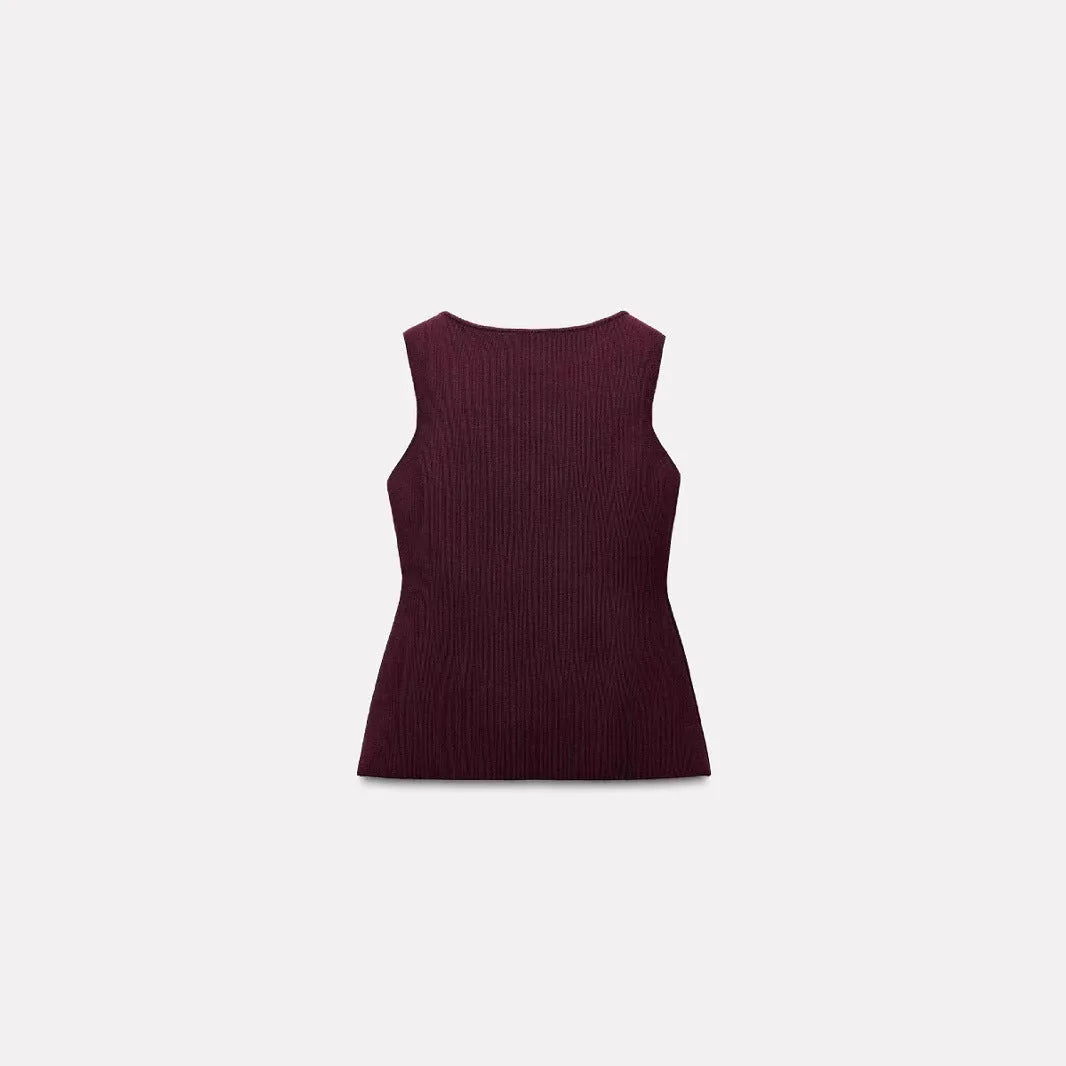 Dark red slim fit sweater vest with gold buttons and 3D textured pattern