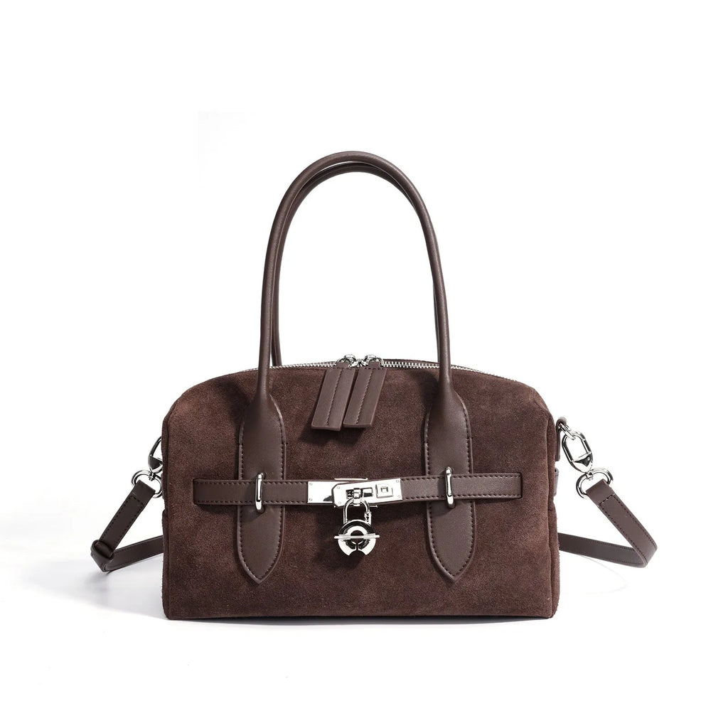Frosted color-blocking genuine leather shoulder bag in brown with internal document pocket