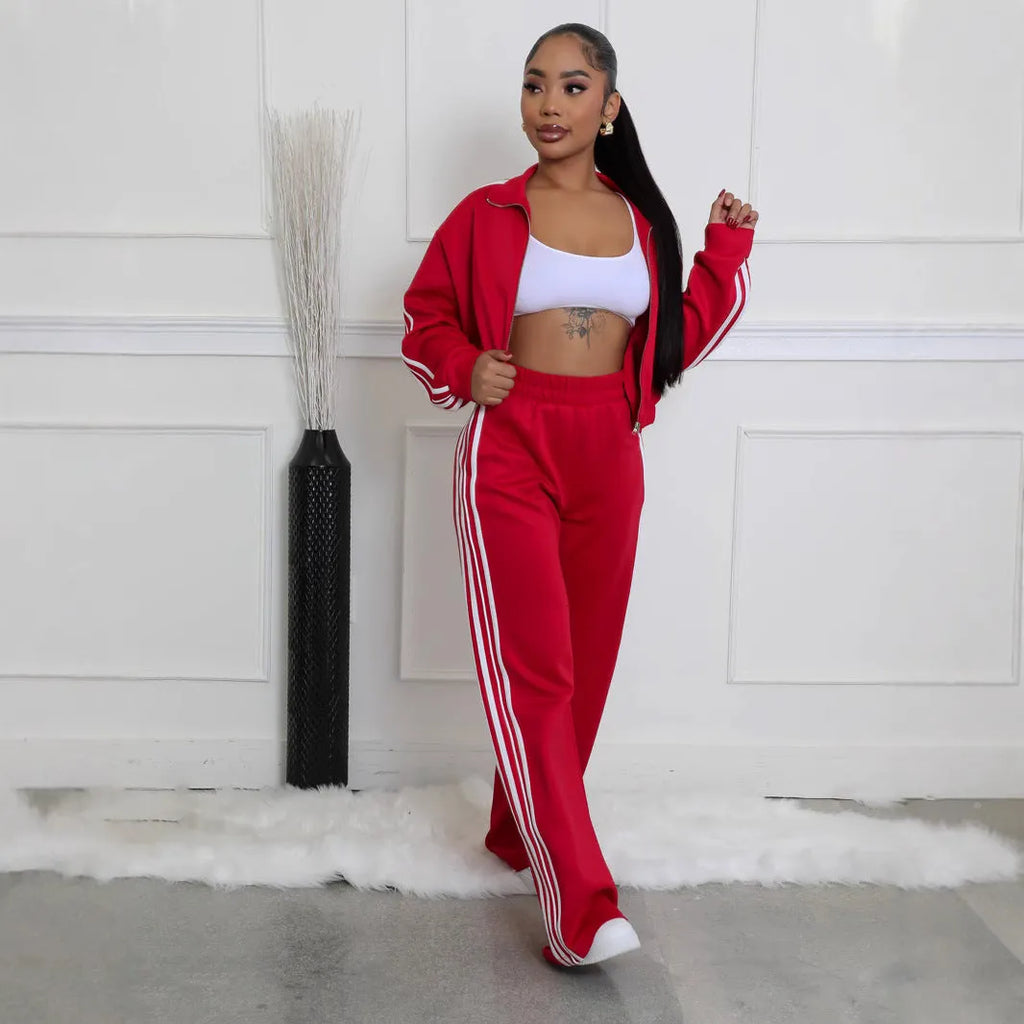 Women's polyester two-piece sweater set in street hipster style with striped pattern