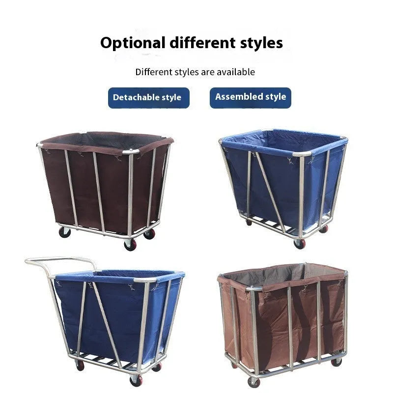 Stainless steel hotel linen trolley with blue bag and multiple tubes for housekeeping use
