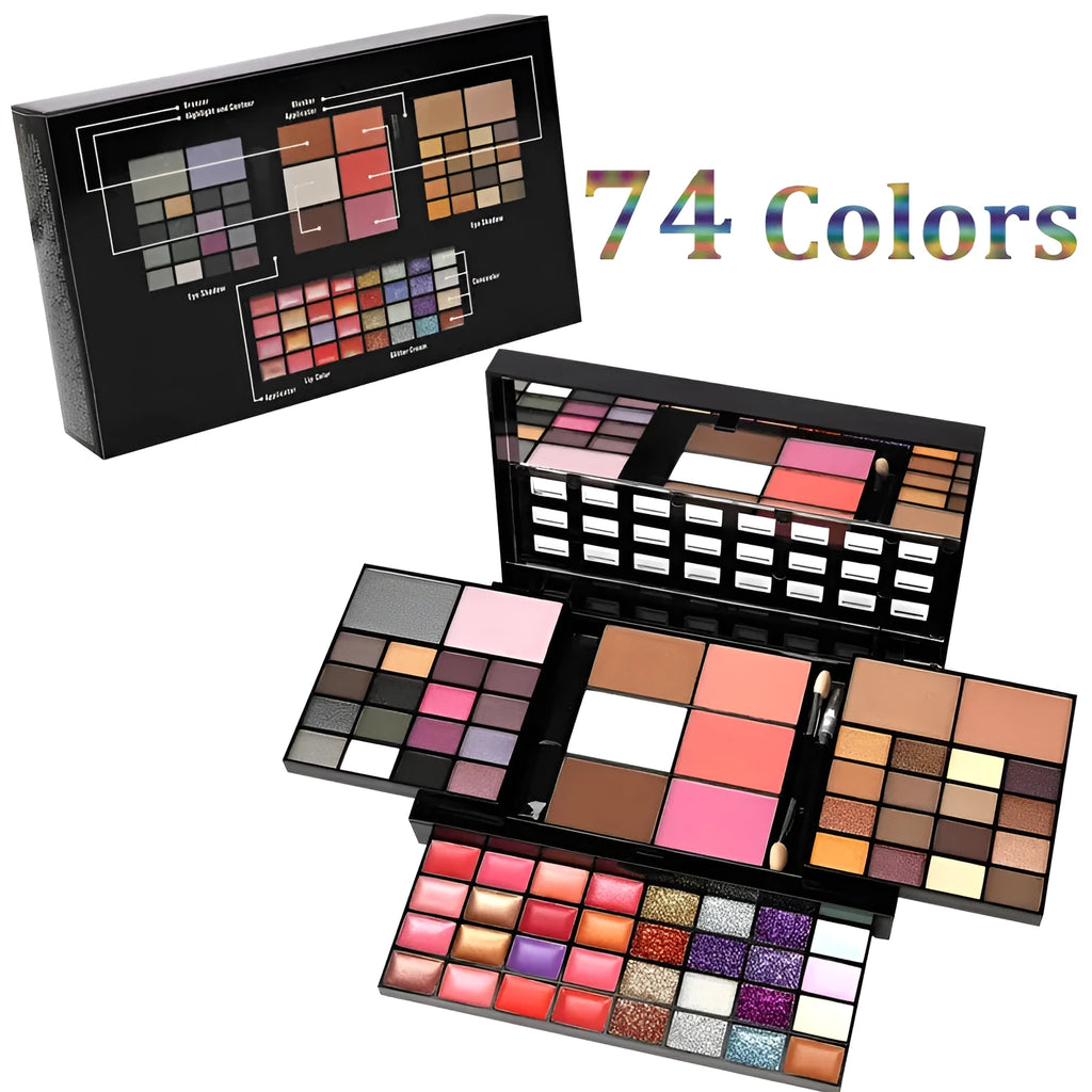 74 colour makeup palette open showing eyeshadows, lip glosses, and face powders with brushes