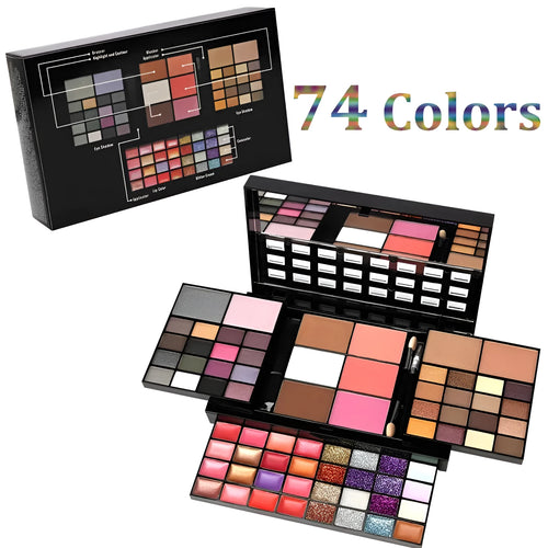 74 colour makeup palette open showing eyeshadows, lip glosses, and face powders with brushes