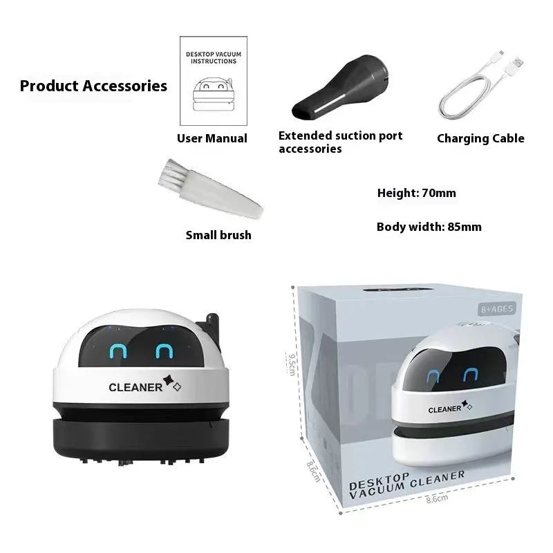 Blue USB rechargeable handheld desktop vacuum cleaner on a wooden desk next to a keyboard