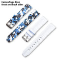 Green, blue, and grey camouflage silicone watch straps showing 20mm, 22mm, and 24mm width options.