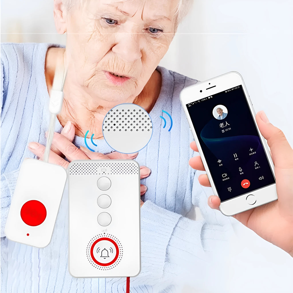White one-click voice emergency alert device with a buzzer and three remote panic buttons.