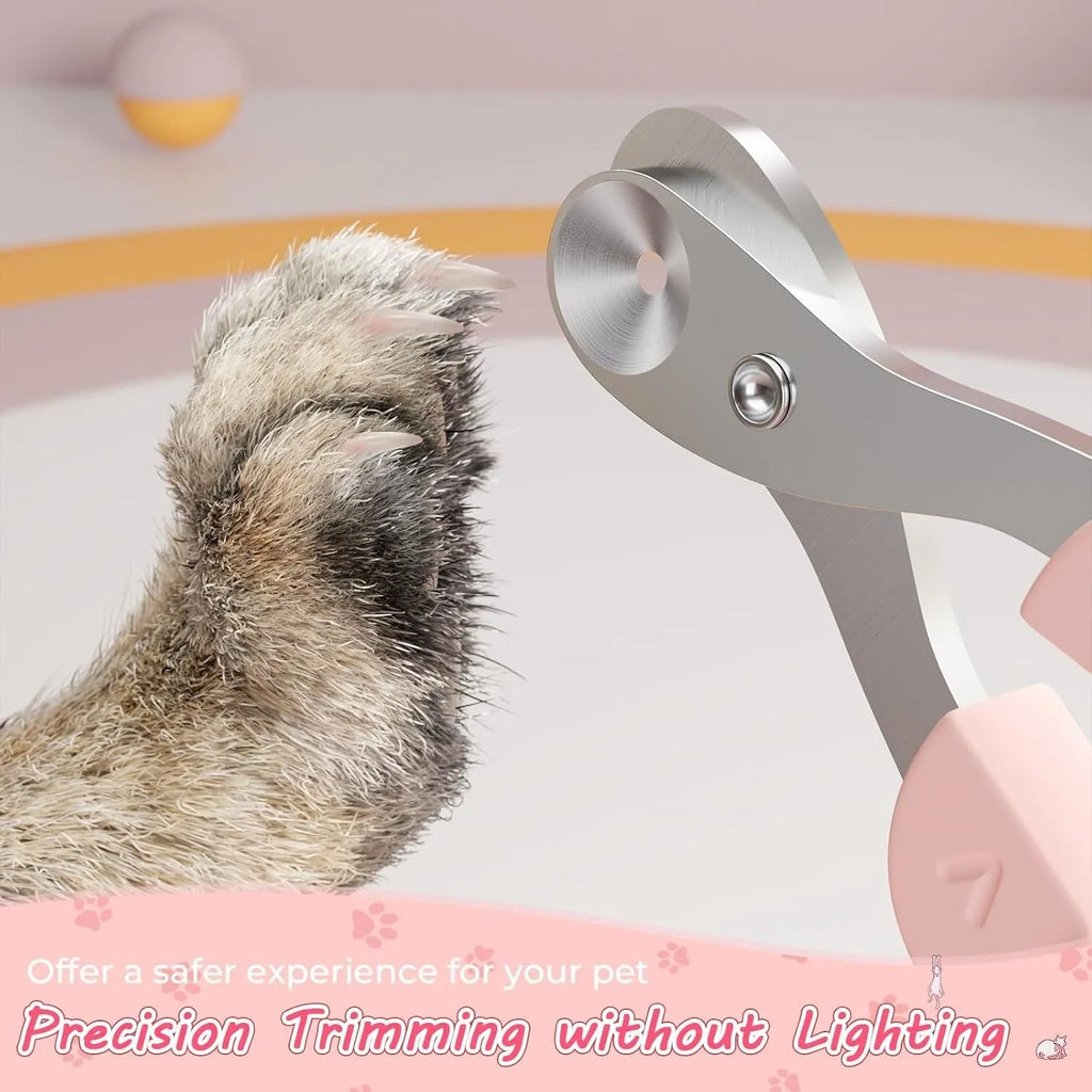 Cat nail clipper with positioning round hole and non-slip handle in blue and pink colours