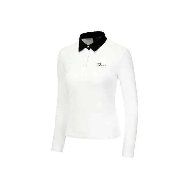 Women's white long sleeve golf top with slim fit for outdoor sun protection