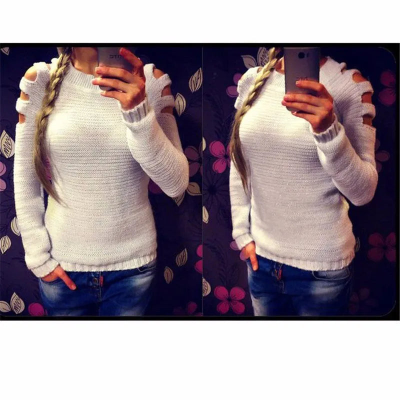 Grey women's knitted shirt with hollow-out crochet pattern, round neck and long sleeves.