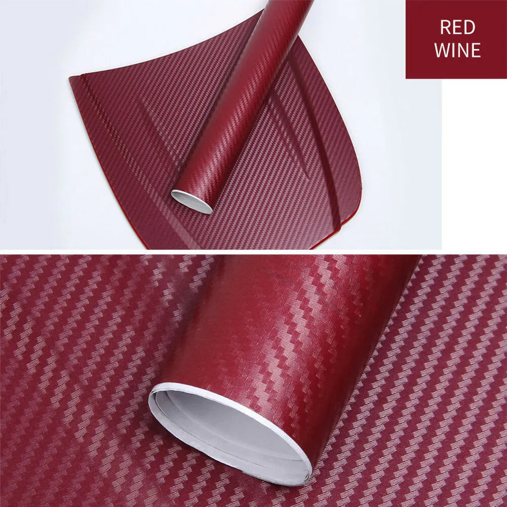 Carbon fibre pattern sticker roll showing eight colour options with 30x127 cm dimensions for car decoration