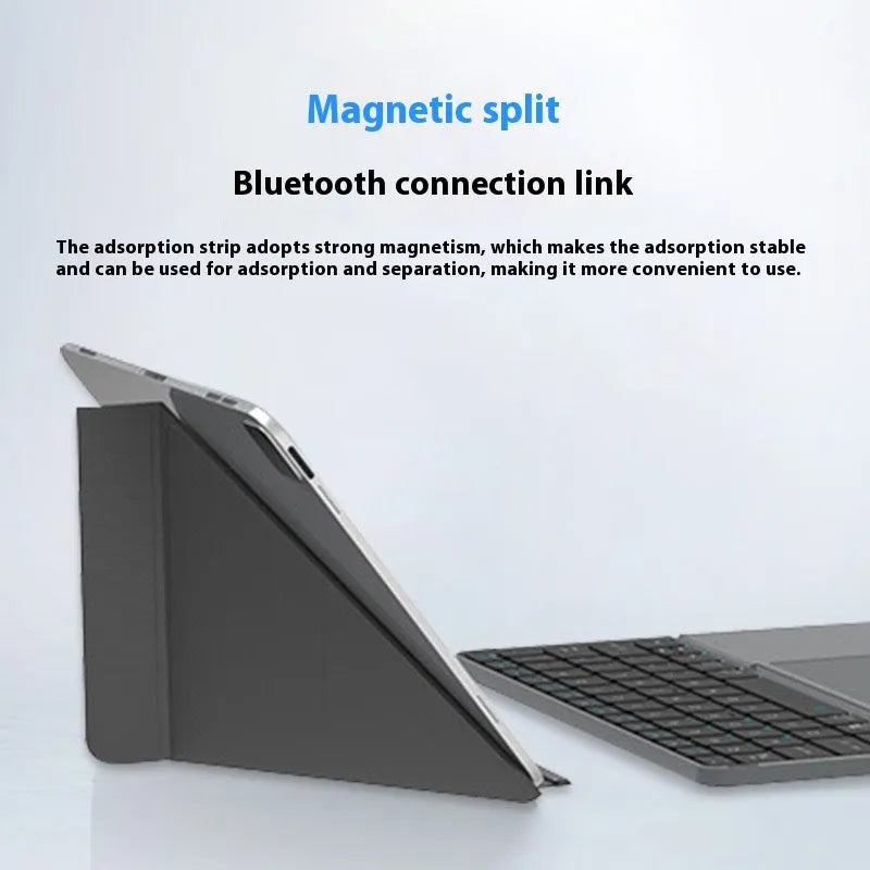 Grey folding Bluetooth keyboard shown both open and closed, next to mobile phone