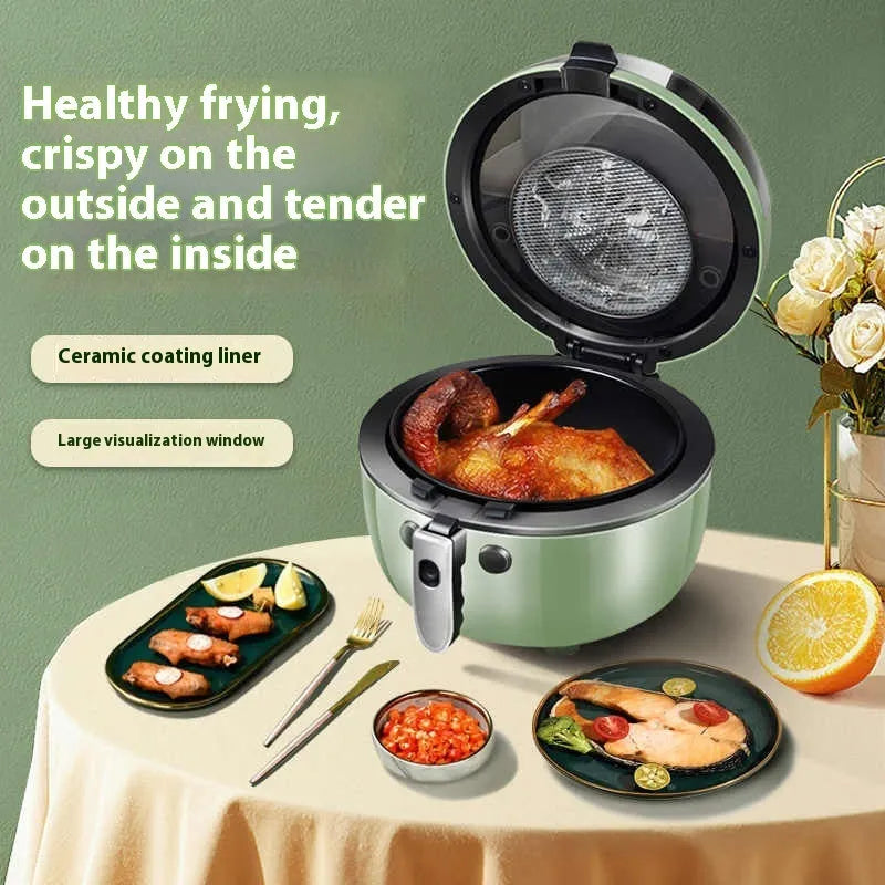 8-litre air fryer oven with visible window showing mechanical button controls and nano ceramic coating