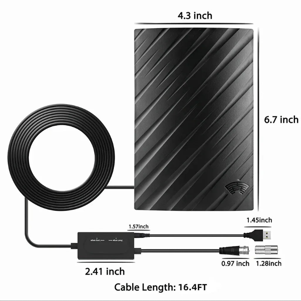 Black plastic HD digital television antenna with mounting hardware including expansion tubes, screws, cable ties, and adhesive tape