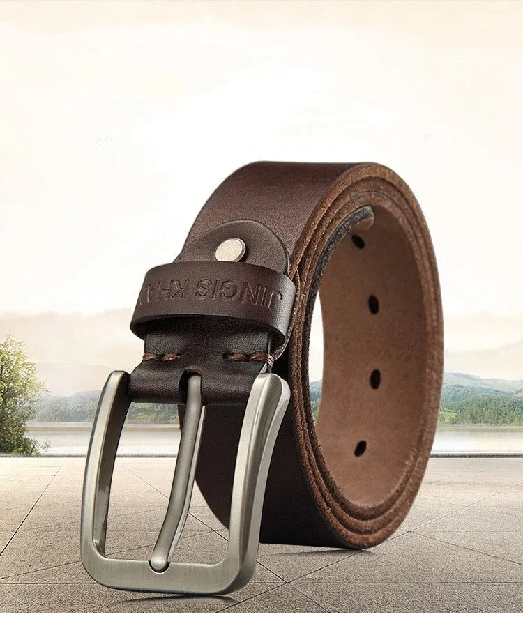 Handmade cowhide men's belt with needle buckle and bare rivet in black and khaki sizes 105cm to 140cm