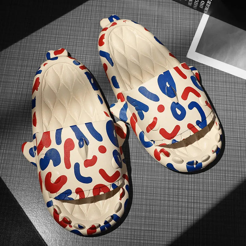 Cute shark design open-toe home slippers made from beige EVA material.