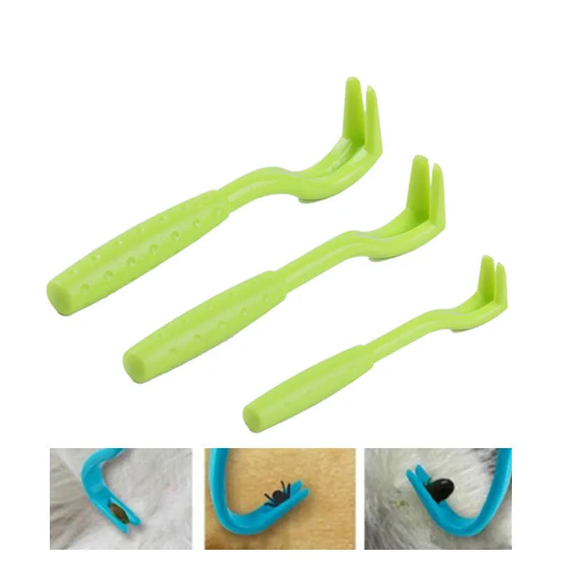 Set of three blue plastic pet tick removal hook tools on a white background.