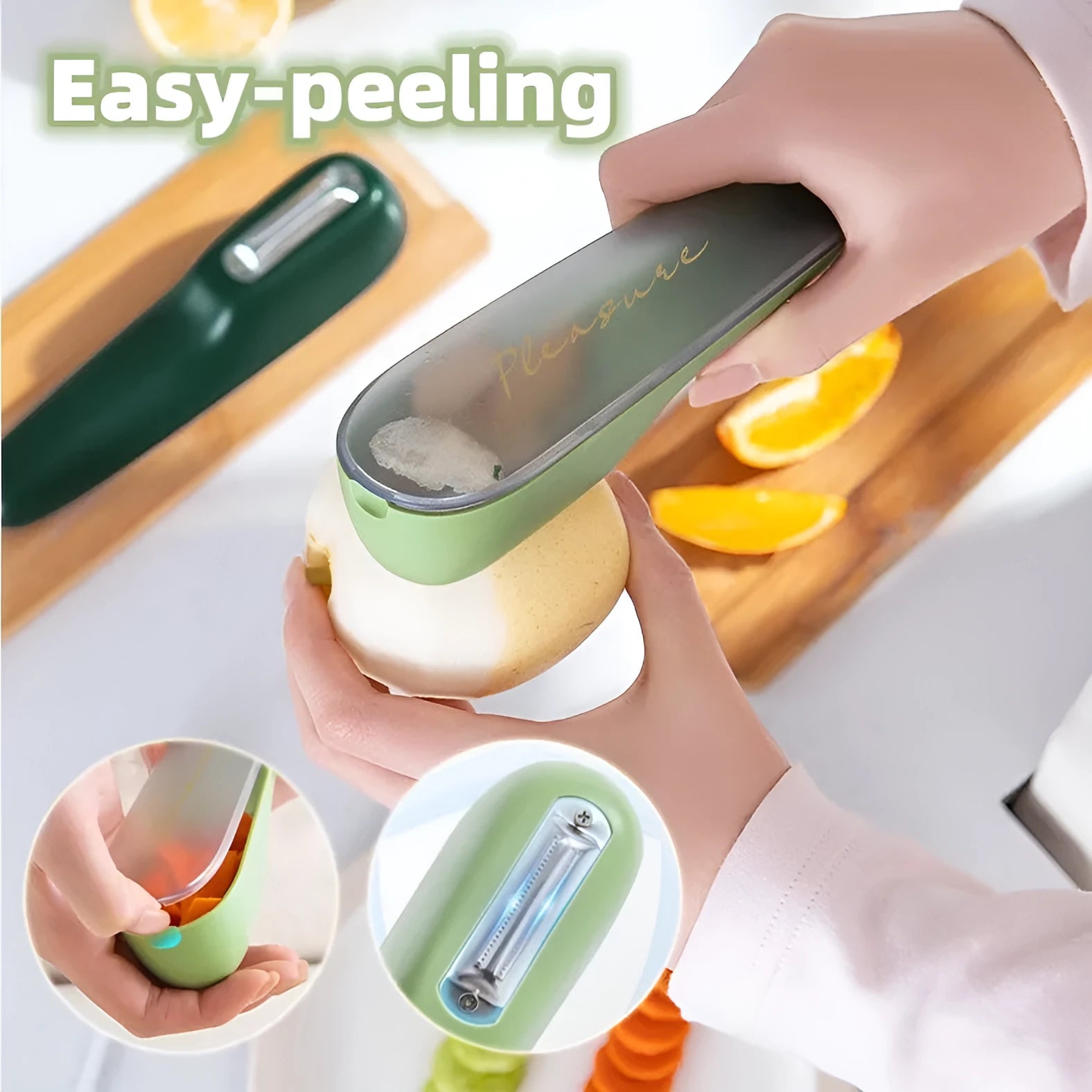 Green vegetable and fruit peeler with a storage tube and stainless steel blade on a kitchen counter.