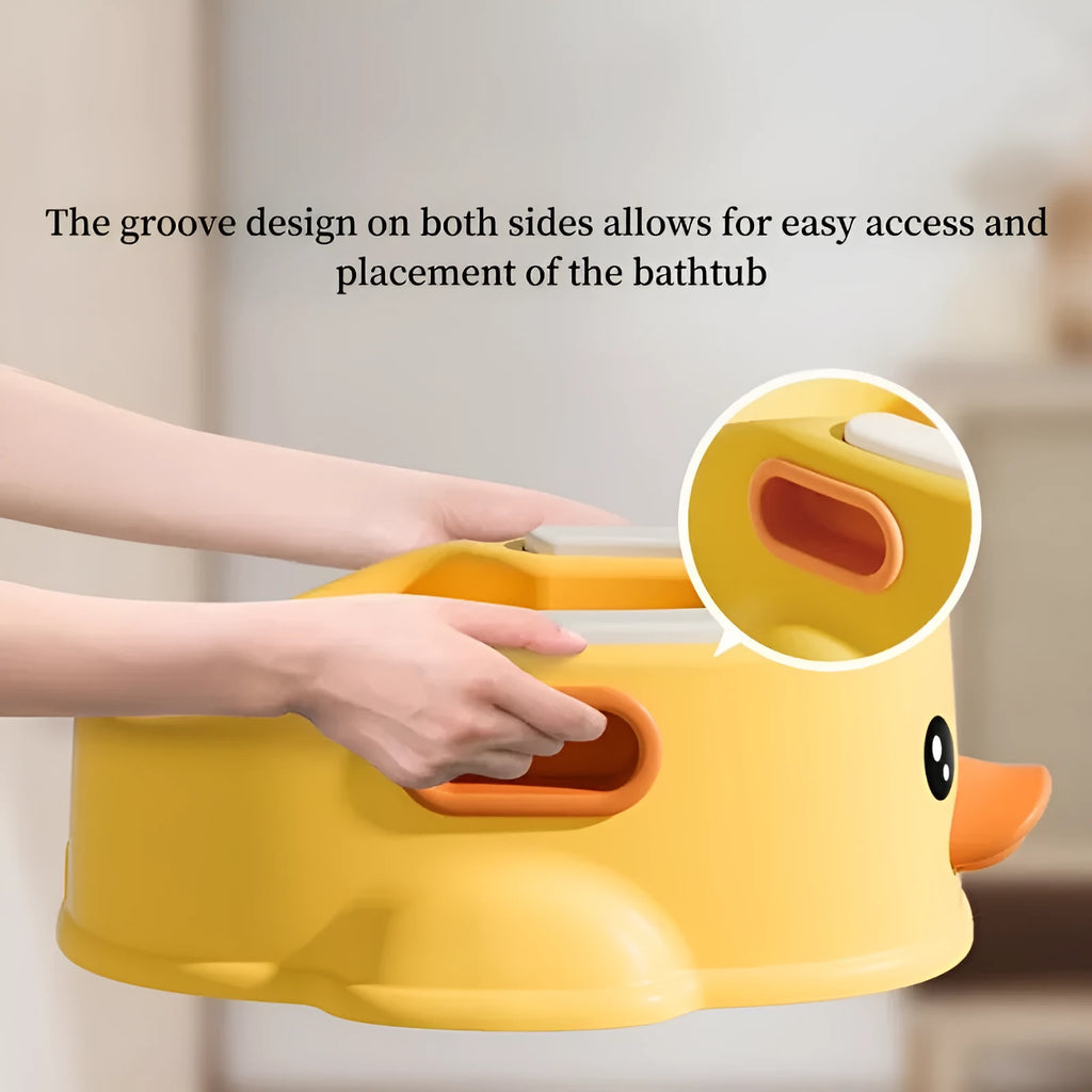 Blue PVC bathtub shaped like a duck for washing small to medium dogs and cats.
