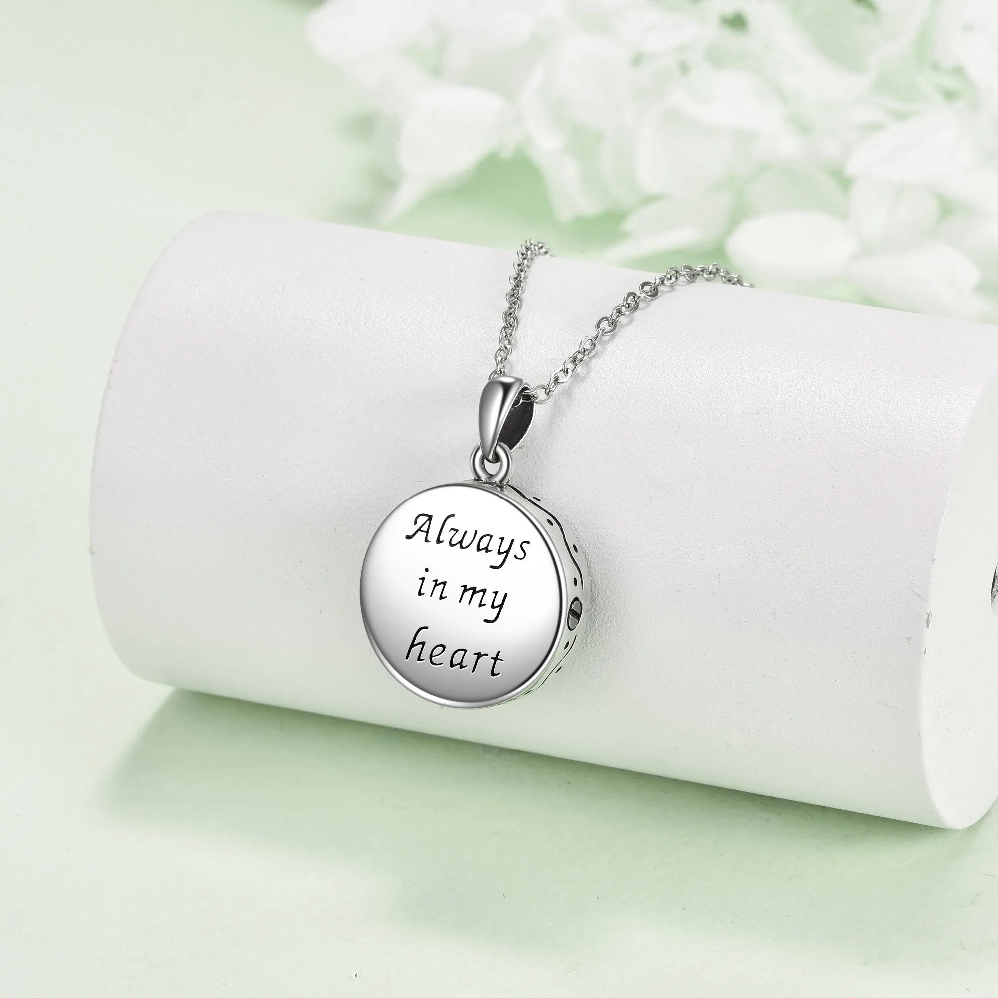 Sterling silver Tree of Life urn necklace with abalone shell stone on 18 inch chain, white gold plated finish