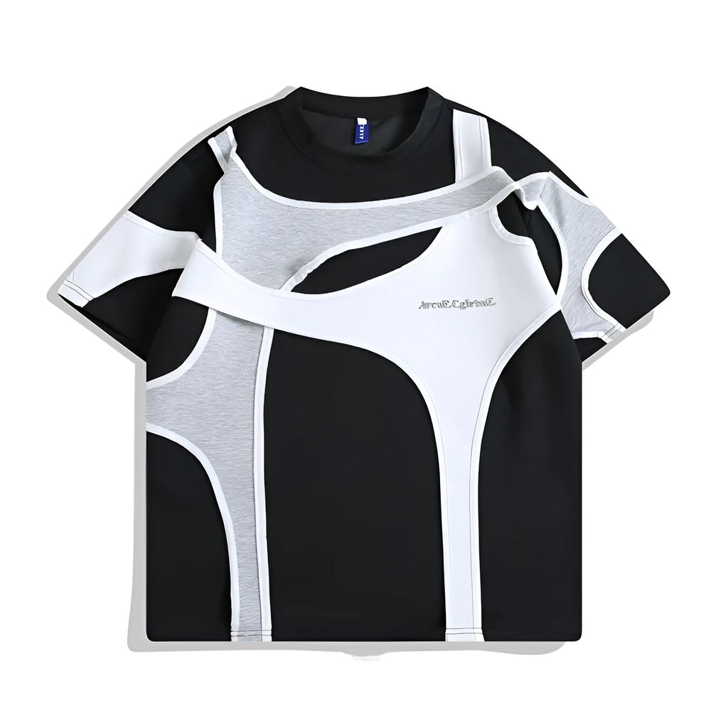 Men's black short sleeve T-shirt showing padded shoulder detail and round neck.