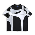 Men's black short sleeve T-shirt showing padded shoulder detail and round neck.