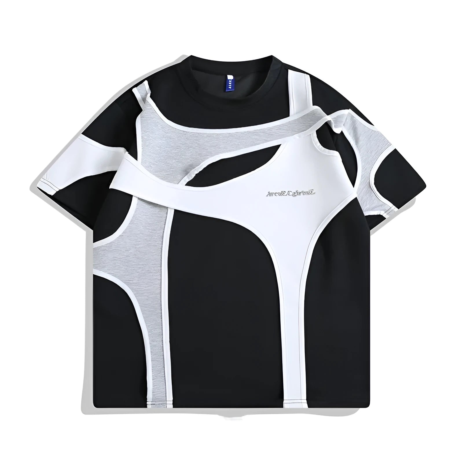 Men's black short sleeve T-shirt showing padded shoulder detail and round neck.