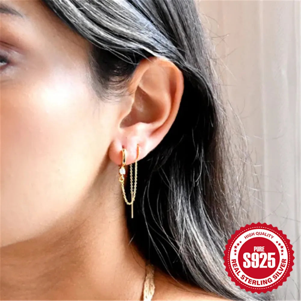 S925 sterling silver geometric flower tassel chain earring ear clip studs in golden colour