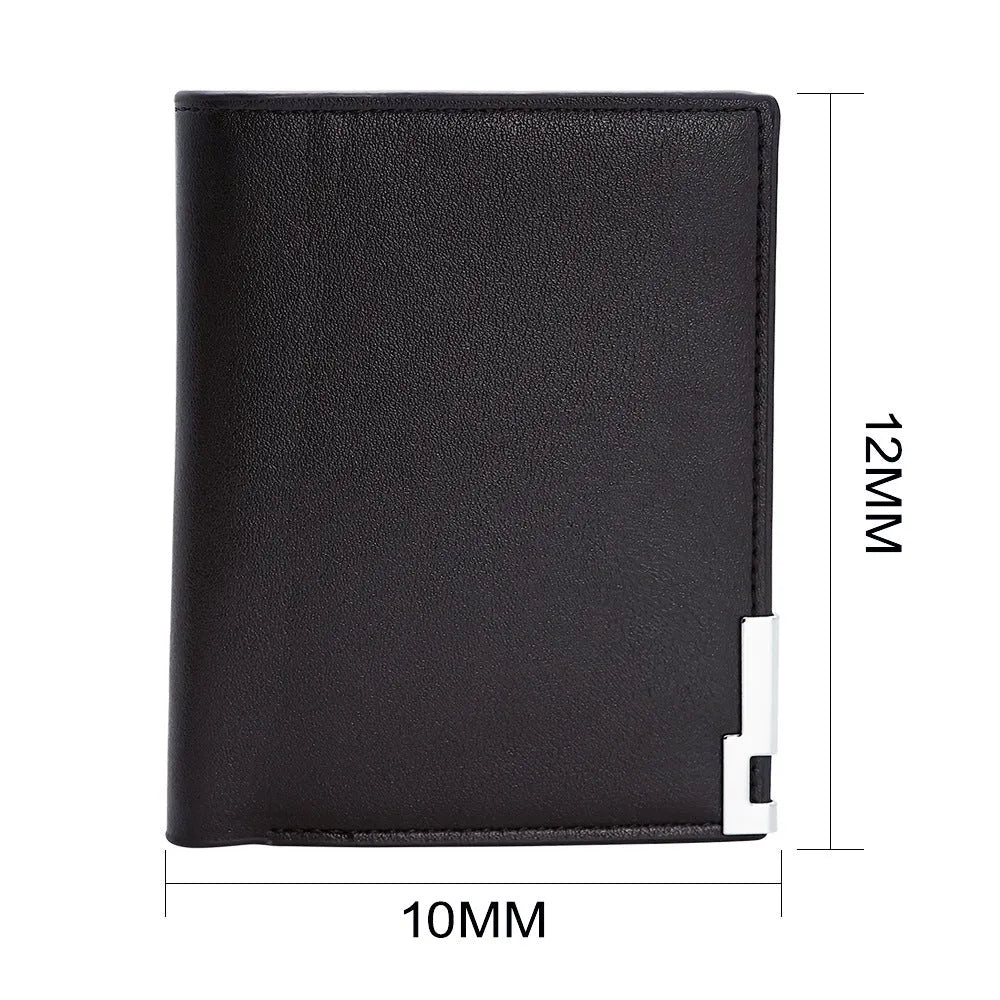 Leather men's wallet with zip closure, shown individually packaged.