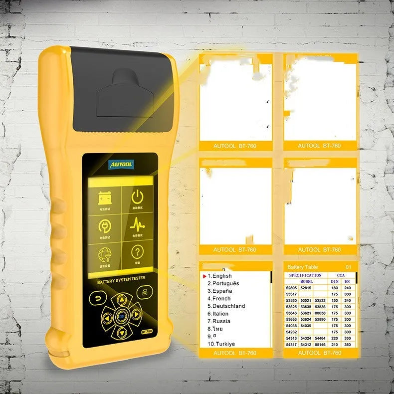 Autool BT760 digital vehicle battery tester with colour screen, thermal printer, and battery clip connectors